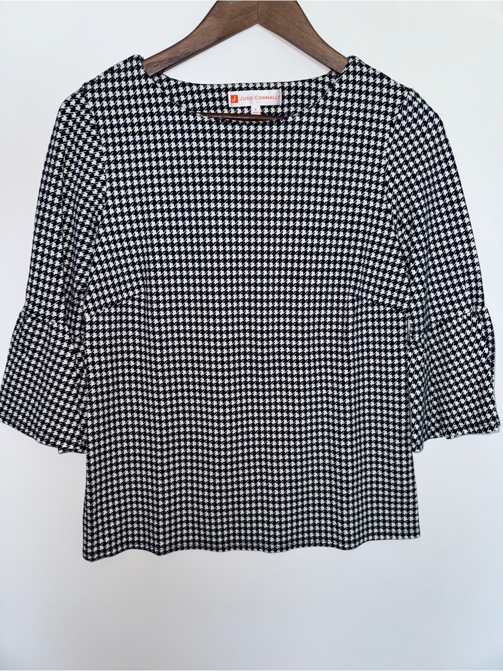 Jude Connally Womens Small Houndstooth Bell Sleeve Top Navy Ivory Preppy